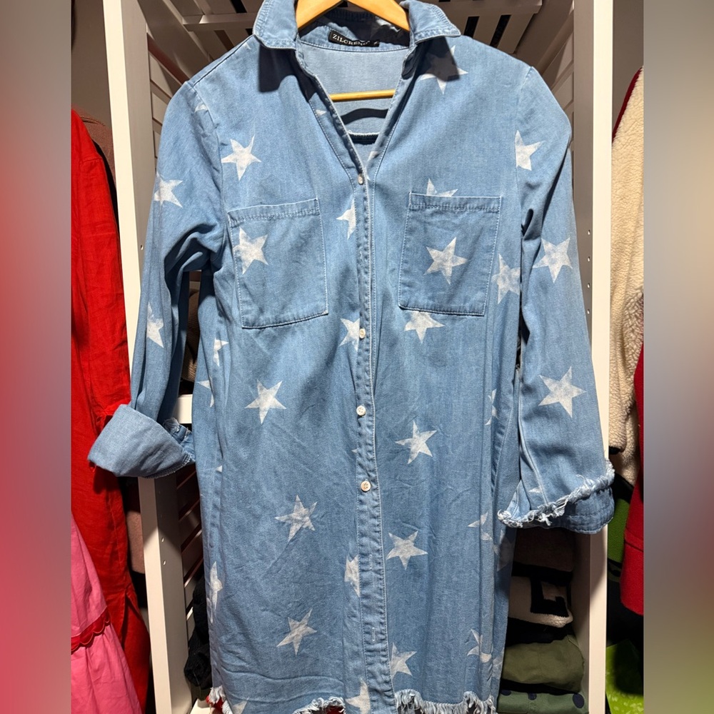 Star Patterned Denim Shirt Dress